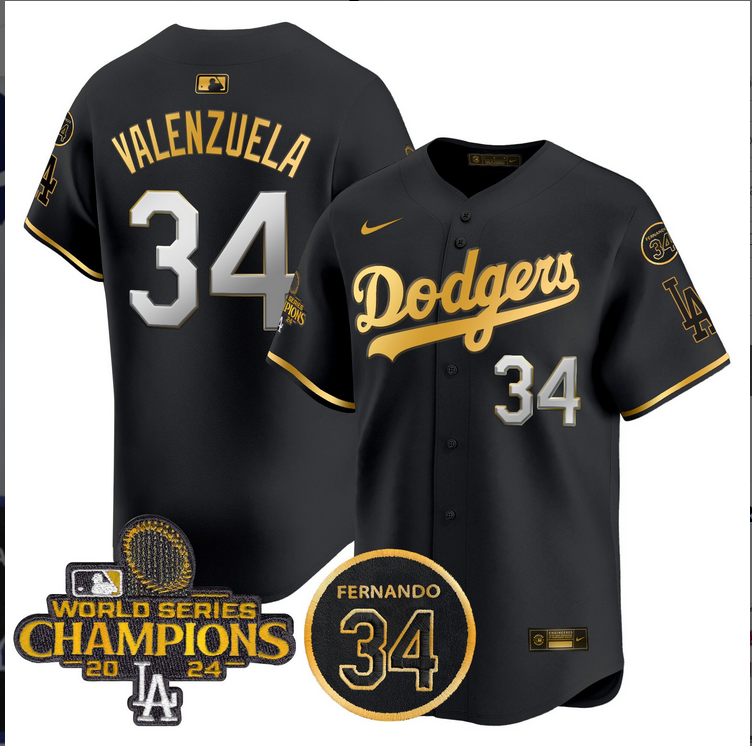 Men MLB Los Angeles Dodgers #34 Valenzuela black 2024 World Series Champions Patch Limited Jersey->los angeles dodgers->MLB Jersey